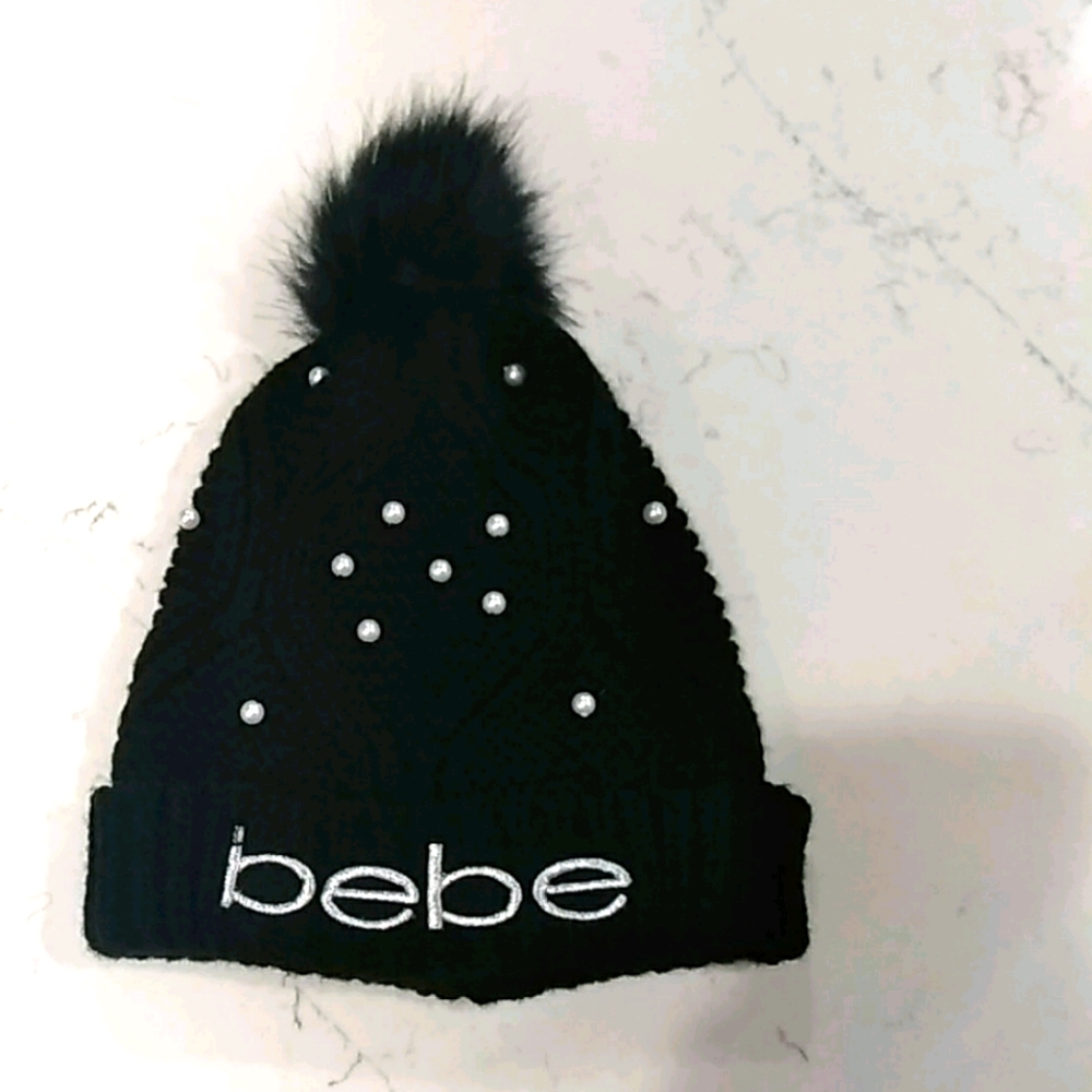 Bebe Faux fur pompom beanie with pearls
